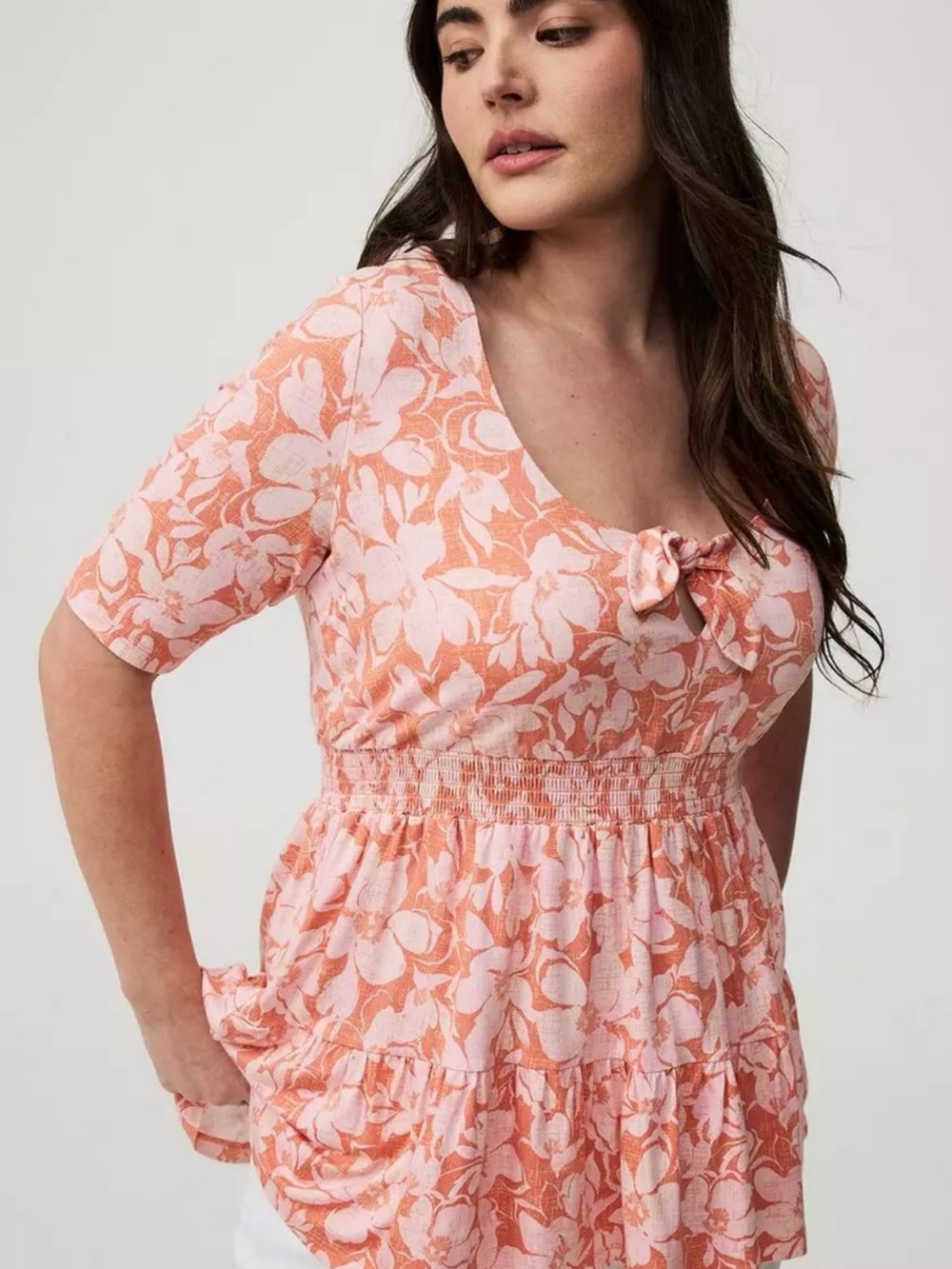 Torrid Coral Floral Tie-Front Peplum Babydoll Top